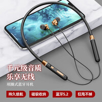 【可插内存卡】潮元素 运动蓝牙耳机无线音乐耳机5.2入耳挂脖颈挂式双耳跑步适用苹果华为oppo荣耀 黑金-磁吸收纳-超长续航-记忆项圈-支持插卡