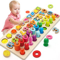 吉吉鱼婴幼儿童玩具早教益智玩具木制积木对数板拼图形状配对数字颜色对认知1-2-3岁宝宝女孩玩具男孩