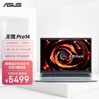 华硕无畏Pro14 锐龙版 2.8K OLED轻薄笔记本电脑(R7-5800H 16G 512G 100%DCI-P3 高色域600尼特90Hz护眼屏)银