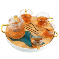苏氏陶瓷创意茶盘茶具套装配玻璃锤纹泡茶壶带四个手柄茶杯