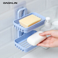 JAJALIN 肥皂盒香皂架免打孔卫生间沥水创意壁挂浴室置物架吸盘双层肥皂架 蓝色