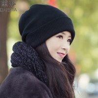 黛莎 帽子女冬季毛线帽时尚防寒保暖针织帽纯色百搭包头帽 黑色