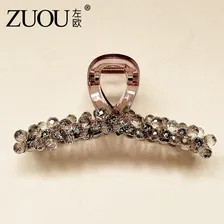 左欧水钻抓夹高级感2026新款头发抓高端大号水晶发夹后脑勺盘发鲨鱼夹 茶灰色水晶13cm