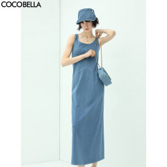 COCOBELLA预售简约弹力针织牛仔连衣裙设计感休闲背心长裙FR615B 牛仔蓝 M