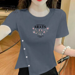 SOVK女装短袖T恤女夏季新款拼接钉珠时尚遮肚子显瘦设计感不规则宽松上衣 灰色 XL 125斤-140