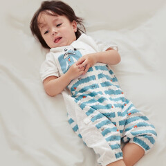 威尔贝鲁（WELLBER）婴儿睡袋夏款儿童侧网眼透气七分袖分腿睡袋宝宝防踢被子 蓝色海浪 M(建议身高80-90)