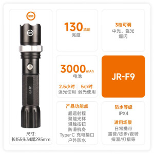 警然聚能光环远射程户外防水手电露营徒步探洞Type-C强光手电 JR-F9 黑色