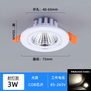 佩觉祎琳（yiin）ed小筒灯3W5W开孔4cm4.5 5 5.5 6公分45 50 55mm客厅 射灯款3W中性光