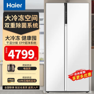 海尔（Haier）巨能冻系列 621升对开门双开门白色冰箱 一级能效变频节能 296L大冷冻 除菌净味家用冰箱 WIFI智控 BCD-621WLHSS95W9U1