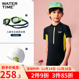 WATERTIME儿童泳衣 2024年新款男孩连体专业训练中大童游泳衣防晒泳装 黑绿色（泳衣+泳镜泳帽套装） 14码（154-160cm，43-50kg）