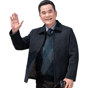 宝财羊爸爸装毛呢外套男春秋季翻领厚款商务干部服行政夹克中老年人衣服
