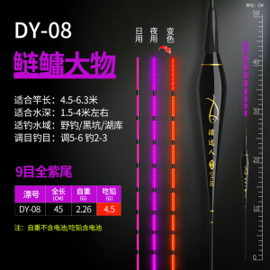 漂达人全紫光夜光漂咬钩变色爆闪电子漂日夜两用冷光漂尾醒目野钓夜光漂 DY-08【吃铅4.5g】9目全紫尾 【咬钩变色】二支+2粒电池