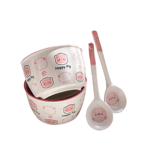 釉下彩可爱卡通碗碟套装家用高颜值陶瓷碗筷盘餐具 2碗2勺 4件套