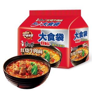 康师傅 方便面 大食袋红烧牛肉面五连包145g*5 泡面袋装速食 方便食品