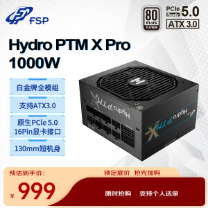 全汉（FSP）Hydro PTM X Pro1000W白金牌全模组电源（ATX3.0/PCl-E5.0接口/130mm短机身/全日系电解电容）