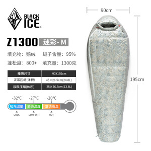 黑冰（BLACK ICE）【新款】睡袋Z系列羽绒户外露营鹅绒极限旅行单人野外羽绒 Z1300迷彩 M【零下27度】