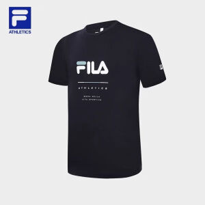 FILA BABY斐圆领短袖夏季T恤透气简约黑色运动健身上衣休衣服t恤字母男款乐 黑色 XL125-145