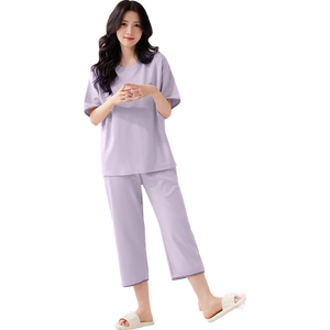欧迪芬100%纯棉春夏女士睡衣女短袖可外穿套头家居服套装紫L
