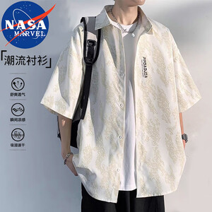 NASA MARVEL短袖衬衫男夏翻领衬衣休闲服半袖男士外套宽松上衣 白色 XL