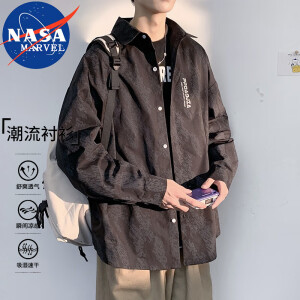 NASA MARVEL长袖衬衫男春秋季翻领衬衣休闲服外套宽松男装上衣 黑色长袖  M
