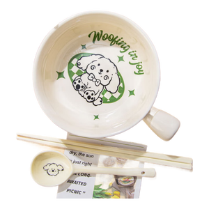 奶油修狗一人食餐具四件套高颜值釉下彩陶瓷泡面碗手柄碗饭碗勺筷 奶油旺（手柄碗） 1件套