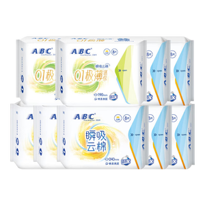 ABC瞬吸云棉卫生巾 日用夜用绵柔表层超薄触感棉柔大姨妈巾M巾 日用迷你巾组合9包72片