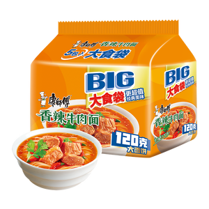 康师傅 方便面 大食袋香辣牛肉面五连包144g*5 泡面袋装速食 方便食品
