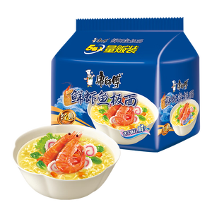 康师傅 方便面 经典鲜虾鱼板面五连包98g*5 泡面袋装速食 方便食品