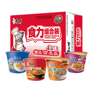 康师傅 方便面 经典红烧+酸菜+香辣+鲜虾鱼板110g*12泡面整箱速食