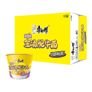 康师傅 方便面 经典酸香爽金汤肥牛桶面110g*12 泡面整箱速食 方便食品