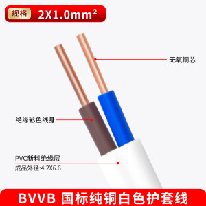 粤宏泰国标纯铜BVVB护套线2芯3芯1 1.5 2.5平方白色平行家用电源硬电线 国标白色扁形 硬芯 2X1平方1米