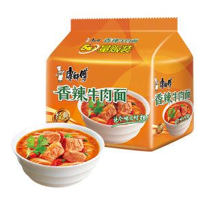 康师傅 方便面 经典香辣牛肉面五连包104g*5 泡面袋装速食 方便食品