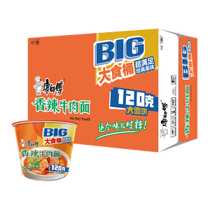 康师傅 方便面 大食桶香辣牛肉桶面143g*12 泡面整箱速食 方便食品