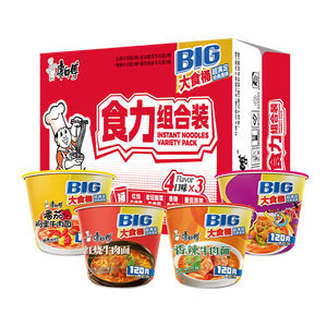 康师傅方便面 大食桶红烧+酸菜+香辣+番茄143g*12 泡面整箱速食组合装
