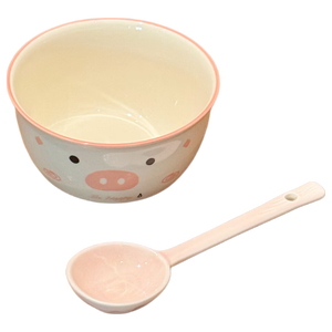 呆萌粉猪仔陶瓷釉下彩餐具套装家用高颜值大容量汤碗菜盘饭碗勺筷 粉猪仔-米饭碗2件【米饭碗+勺子】
