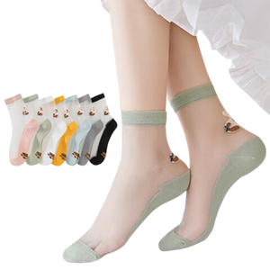 莫代尔女士袜子女中筒袜夏季薄款透明水晶玻璃丝袜卡丝袜吸汗透气冰丝袜 小熊中筒丝袜 6双 均码