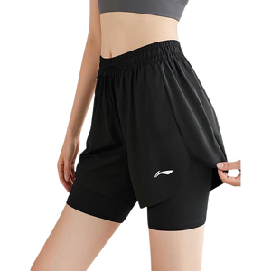 李宁（LI-NING）短裤女夏季薄款健身跑步运动瑜伽训练休闲宽松五分裤子 经典黑·双层内衬 宽松版 L