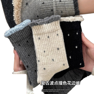 新款波点袜子女中筒袜秋冬季保暖冬袜长袜配勃肯鞋花边堆堆袜 4双装【颜色随机】 均码