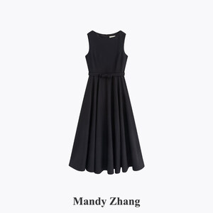 Mandy Zhang气质千金风蝴蝶结无袖连衣裙女夏季新款粉色收腰显瘦礼服长裙子 耀夜石黑-长款连衣裙 S