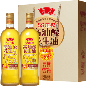 鲁花【保真花生油】5S 物理压榨高油酸花生油750ml*2 礼盒装