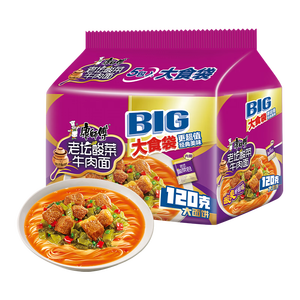 康师傅 方便面 大食袋酸菜牛肉面五连包162g*5 泡面袋装速食 方便食品