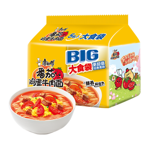 康师傅方便面 大食袋番茄鸡蛋牛肉面五连包156g*5 泡面袋装 田曦薇同款