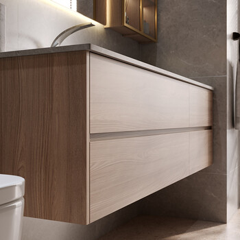 迪诗曼原木色岩板浴室柜组合极简卫生间洗漱台洗脸洗手