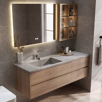 迪诗曼原木色岩板浴室柜组合极简卫生间洗漱台洗脸洗手