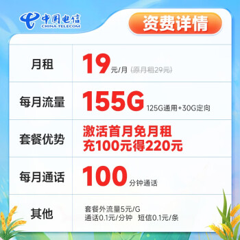 中国电信手机卡阳光卡 纯流量卡 电话卡全国通用5G低月租 芒种卡19元月租155G+100分钟