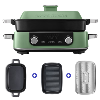 摩飞电器（Morphyrichards）多功能锅鸳鸯火锅烤肉涮一体料理锅蒸煮炒煎大功率煮锅多用途电火锅MR9099 MR9099绿色 5L 【赠双层蒸屉】