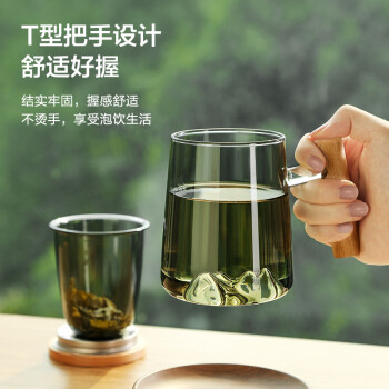 京东京造观山杯茶杯玻璃茶具茶水分离杯带过滤不锈钢榉木盖耐高温男