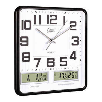 康巴丝compas挂钟客厅万年历温湿度时钟简约方形日历石英钟表挂墙c
