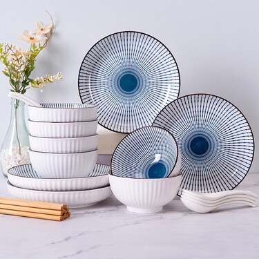 裕行 碗碟套装陶瓷盘子碗筷子勺子 26北欧餐具套装釉下彩可微波 三餐