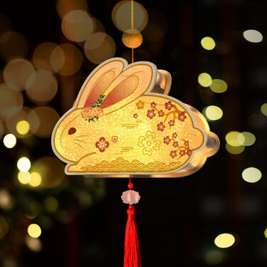 装饰兔子原木灯笼材料包卡通创意古风纸灯笼手提宫灯花灯木雕灯1个